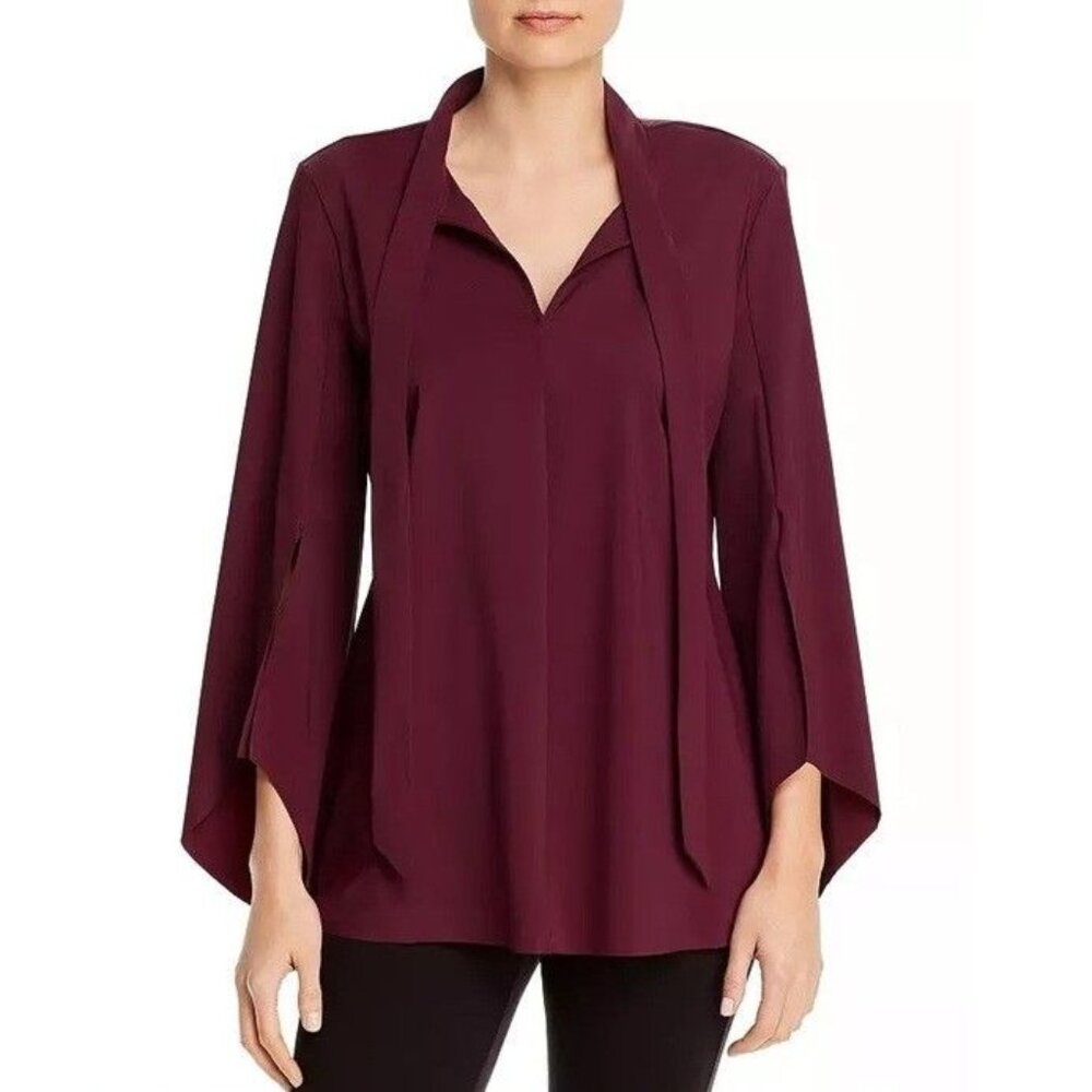 Lysse Brighton Tie Neck Top Sizes XS S Womens Shirt Slit Bell Sleeve Fig Blouse
